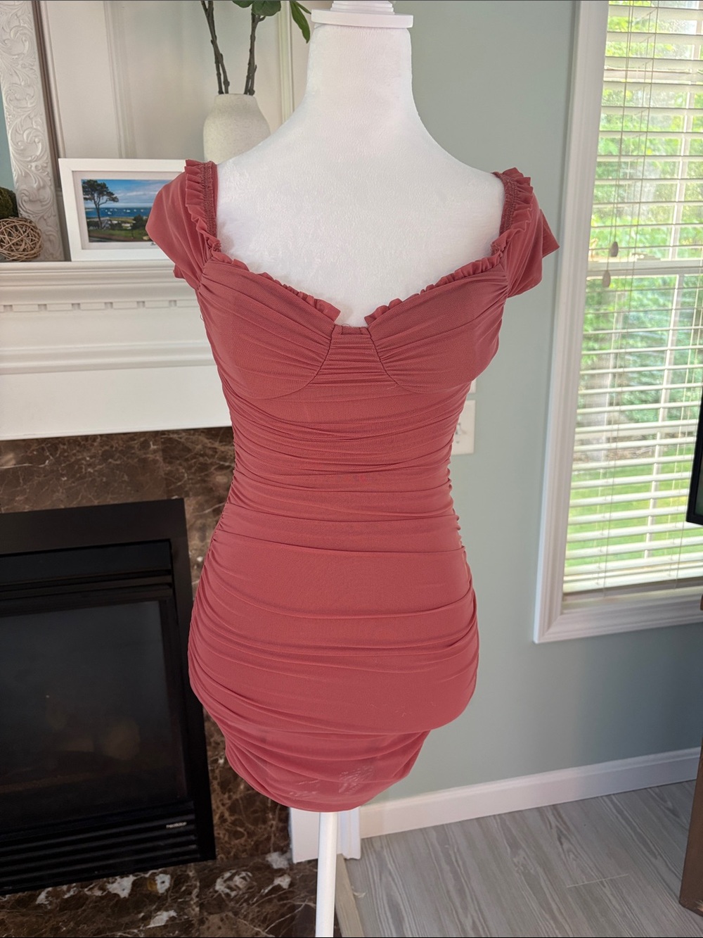 Windsor Ruched Off-Shoulder Mini Dress in Dusty Rose